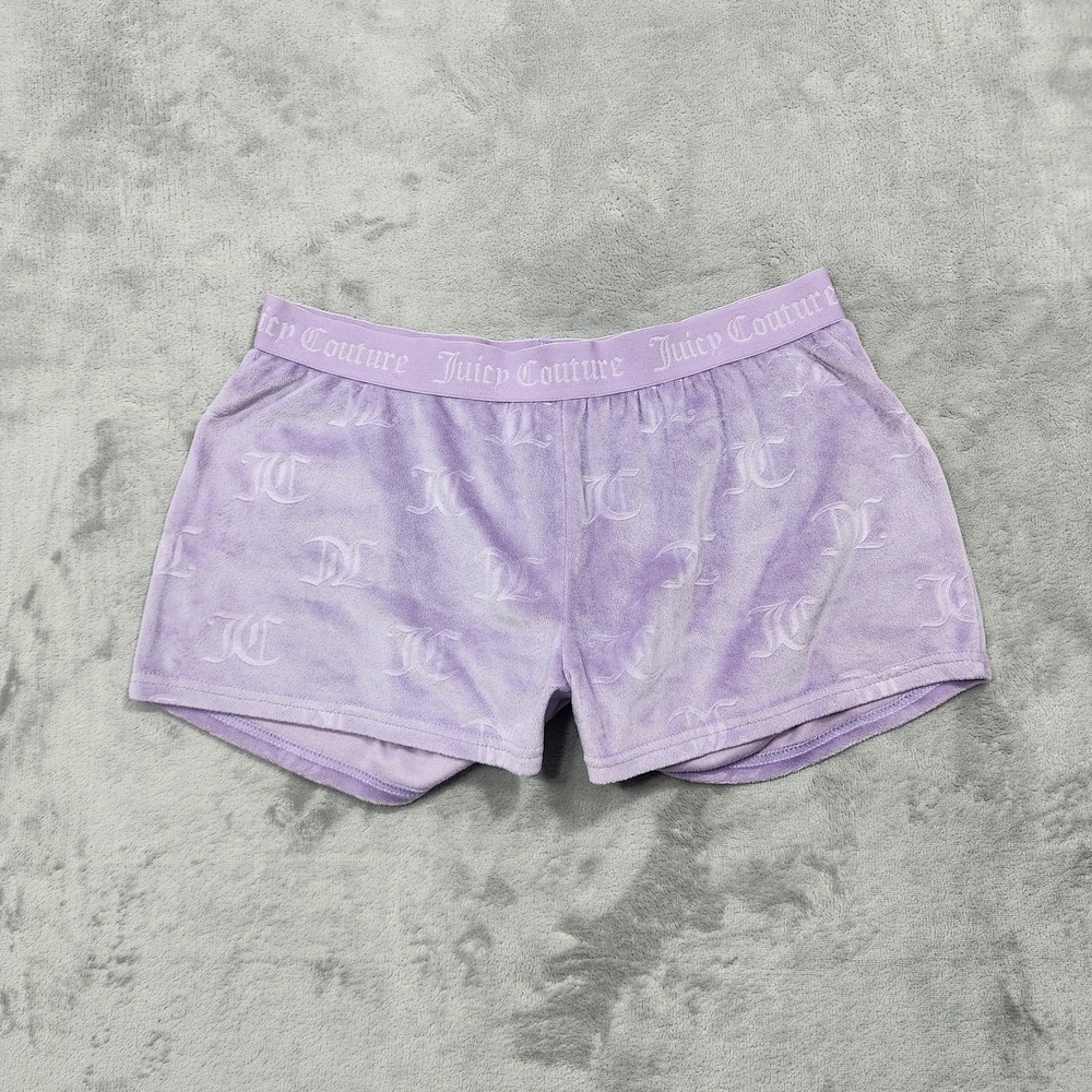 Juicy Couture Shorts Womens M Purple Velour Sleep Pajama Lounge Logo Soft Casual